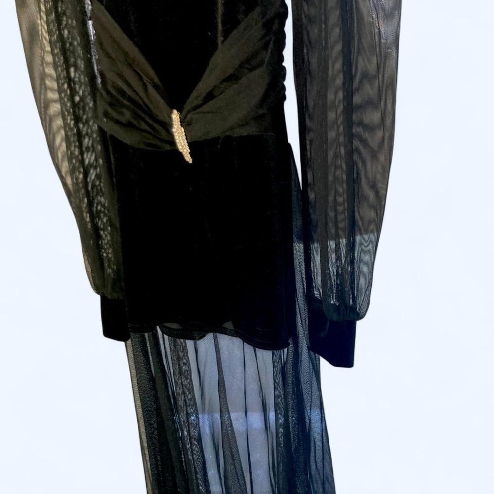 Black velvet jumper with sheer sleeves, skirt and rhinestone detail 20in waist